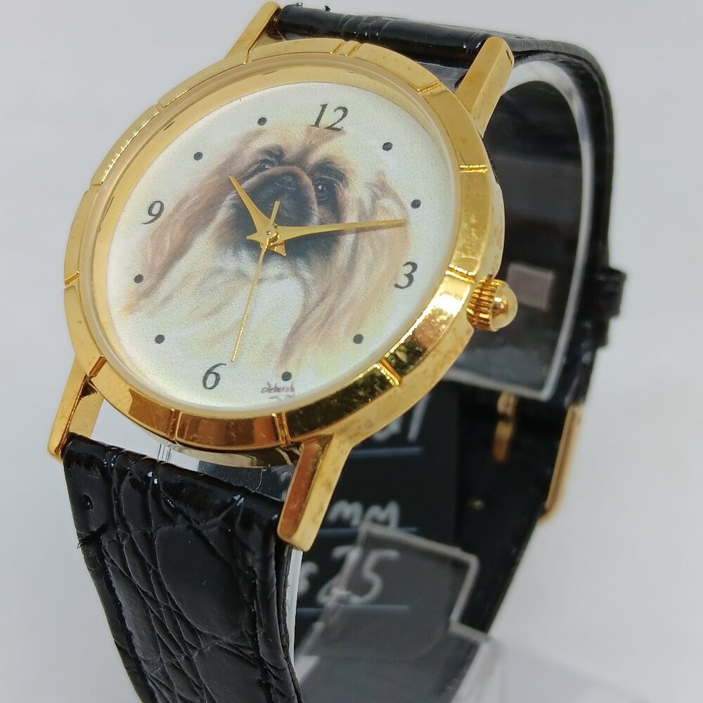 Pekingese 33mm Women's Gold Tone Black Leather Band Dog Watch